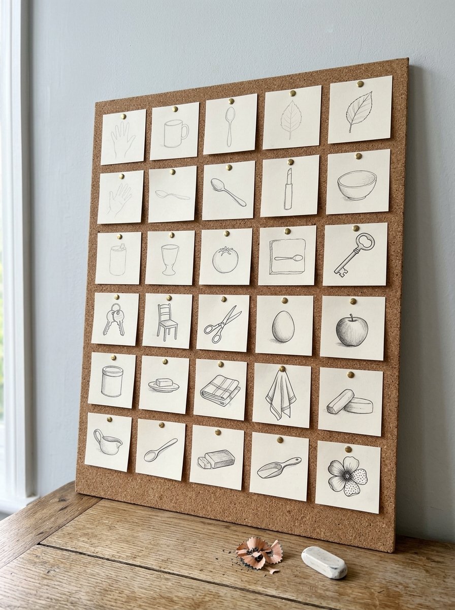 Learn to draw as an adult: 31 small drawings pinned on a cork board, getting more confident each day