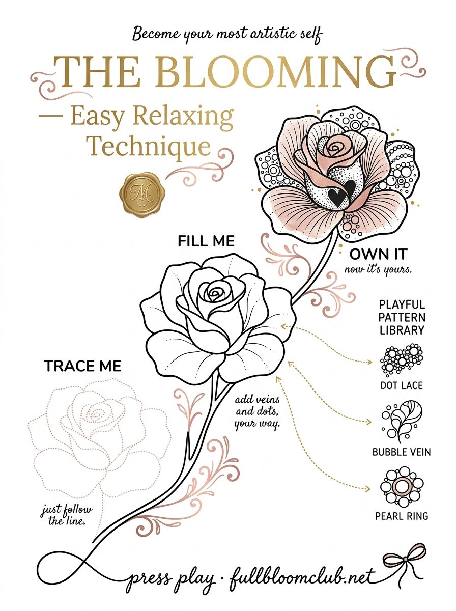 Rose drawing in 3 stages: trace the outline, add detail, then fill with patterns