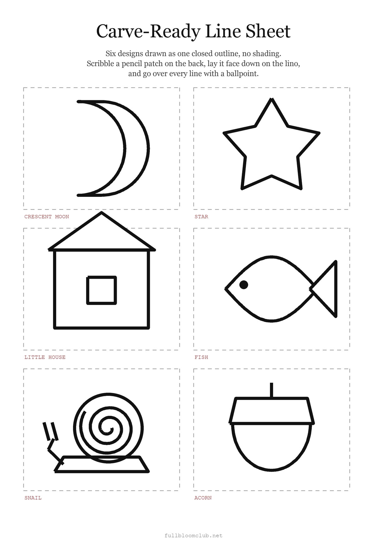 Lino print ideas for beginners, free printable carve-ready line sheet with 6 bold lino designs for beginners: a crescent moon, a star, a little house, a fish, a snail and an acorn