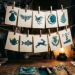 Lino print ideas for beginners: 10 freshly pulled lino prints pegged on a drying line above a bench with the carved block still inked