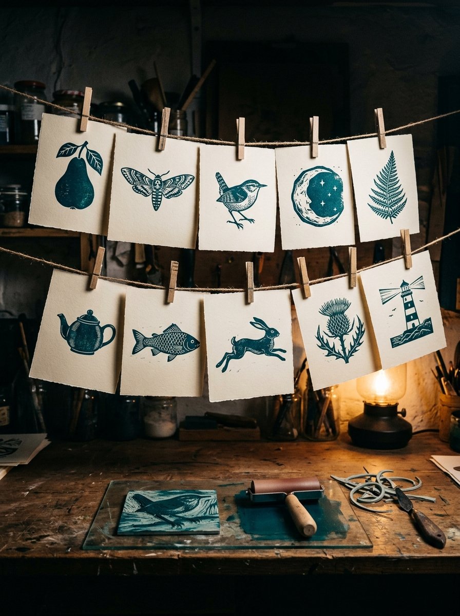 Lino print ideas for beginners: 10 freshly pulled lino prints pegged on a drying line above a bench with the carved block still inked