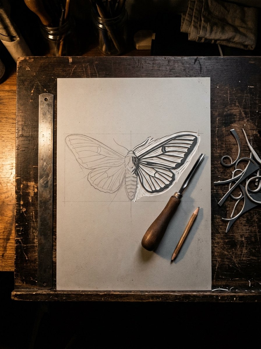 A half-cut lino block on a dark drafting board at night, one side cleared and one side still drawn