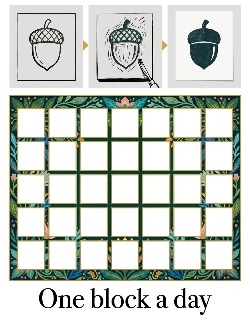 Lino print ideas for beginners: a printable tracker for carving one small block a day