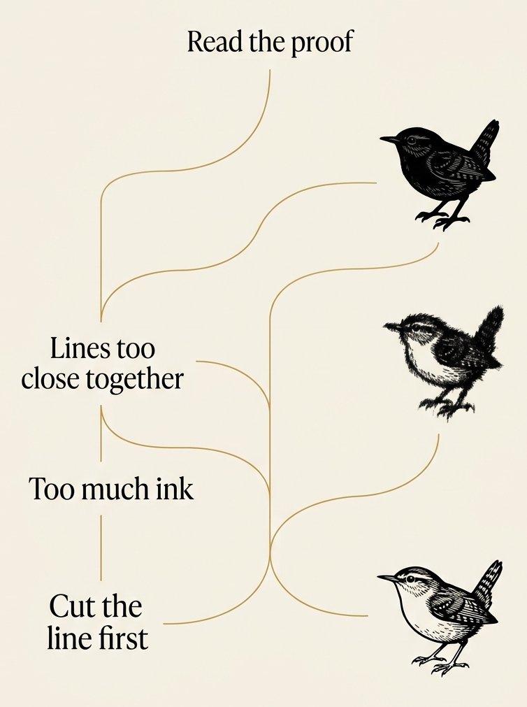 Lino print ideas for beginners: a decision chart routing a patchy proof to its fix