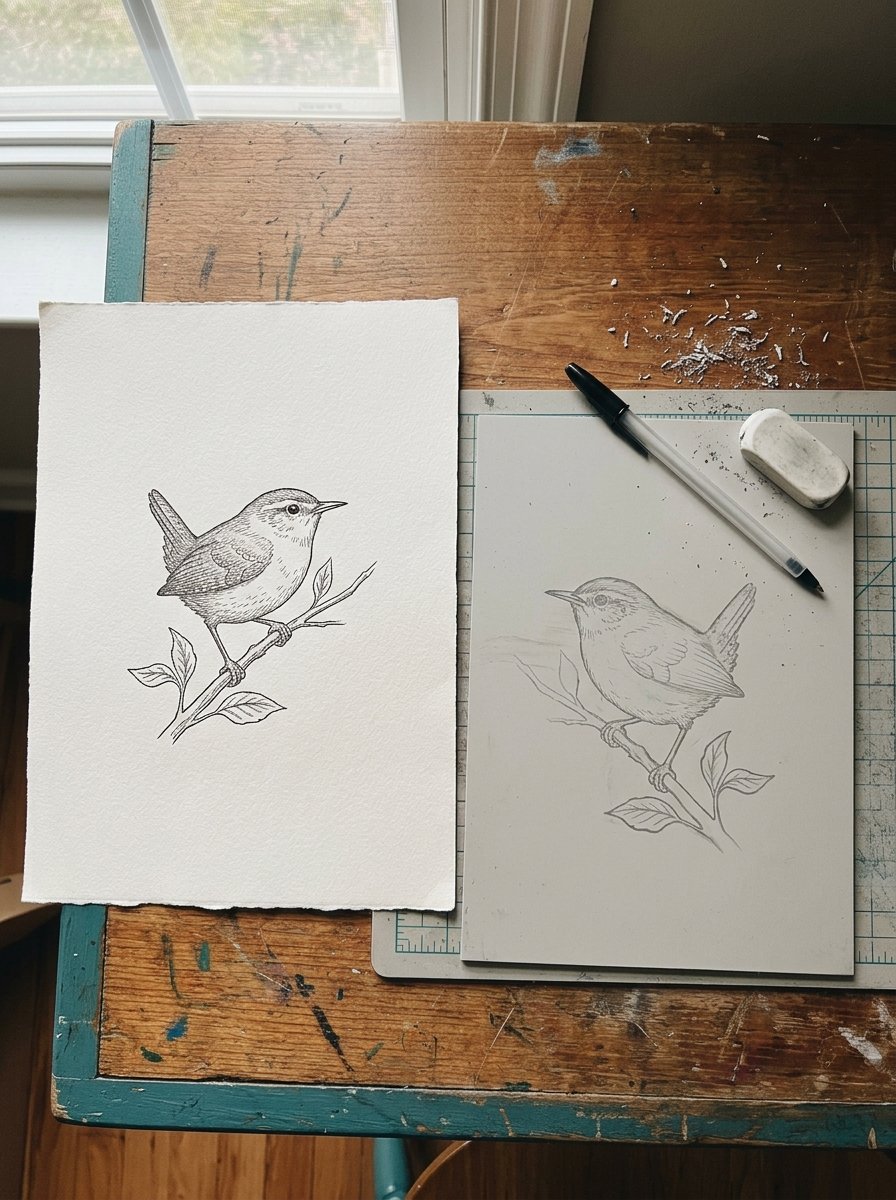 Lino print ideas for beginners: a drawing being transferred onto a lino block with a pencil patch and a ballpoint
