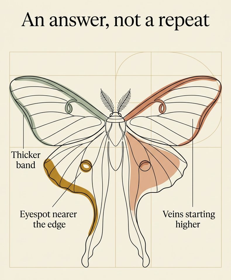 Luna moth drawing diagram showing the three differences between a copied wing and an answered one