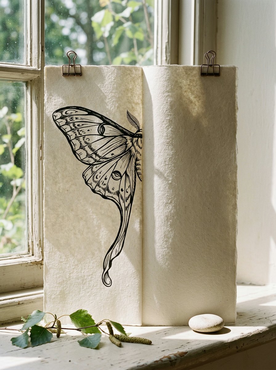 Luna moth drawing on a folded sheet standing upright, the left wing finished in ink and the right half still bare paper