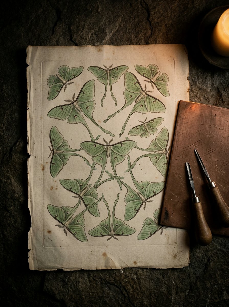 An 18th-century hand-coloured engraved plate of moths on dark stone, lit by one candle, beside a copper plate and two burins
