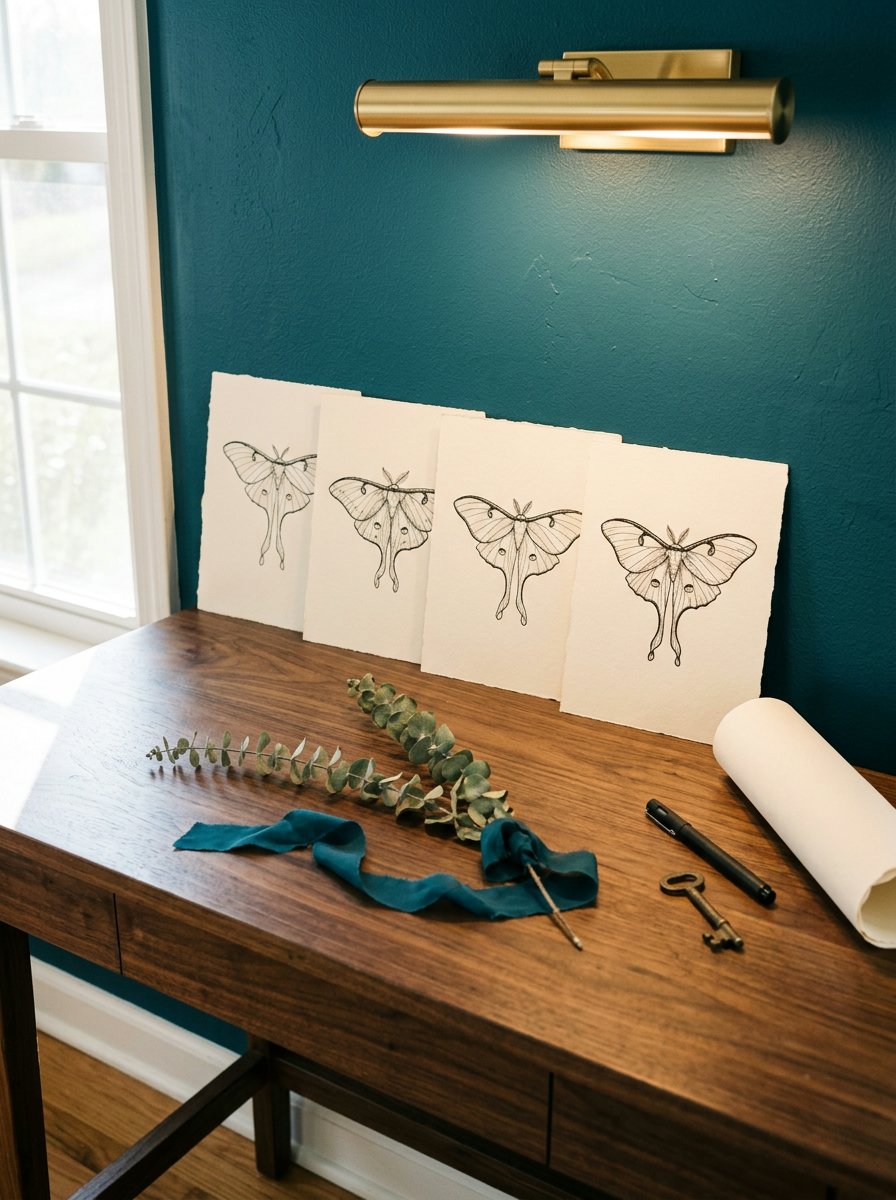 Four finished moth drawings propped unframed in a row on a walnut table against a deep teal wall