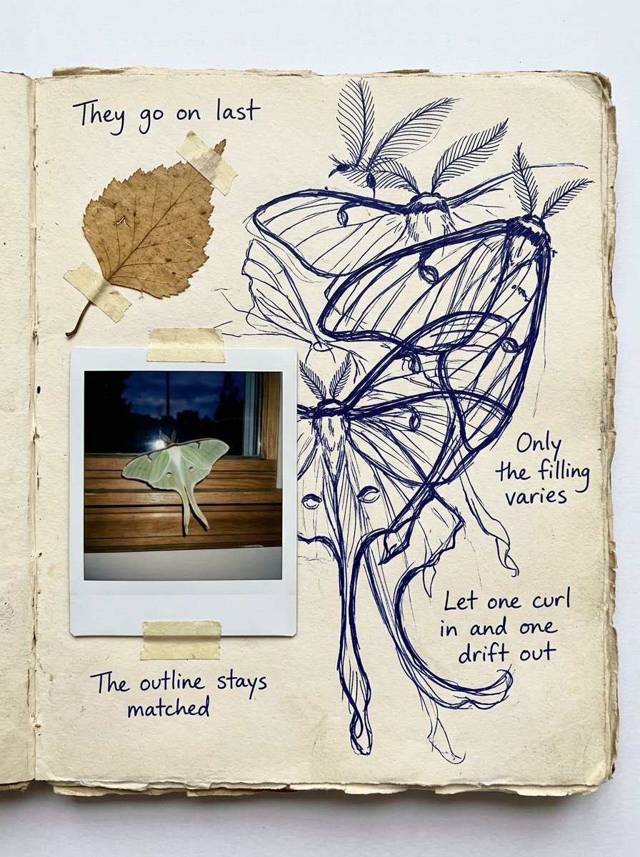 Luna moth drawing notebook spread with a pressed birch leaf, redrawn wings and tails, and four handwritten margin notes