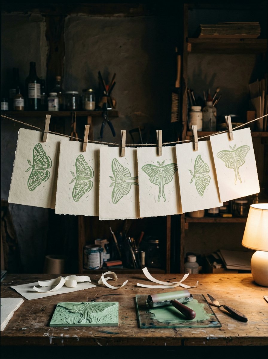 Luna moth drawing proofs pegged along a string at dusk, still wet, above an inked block and a roller