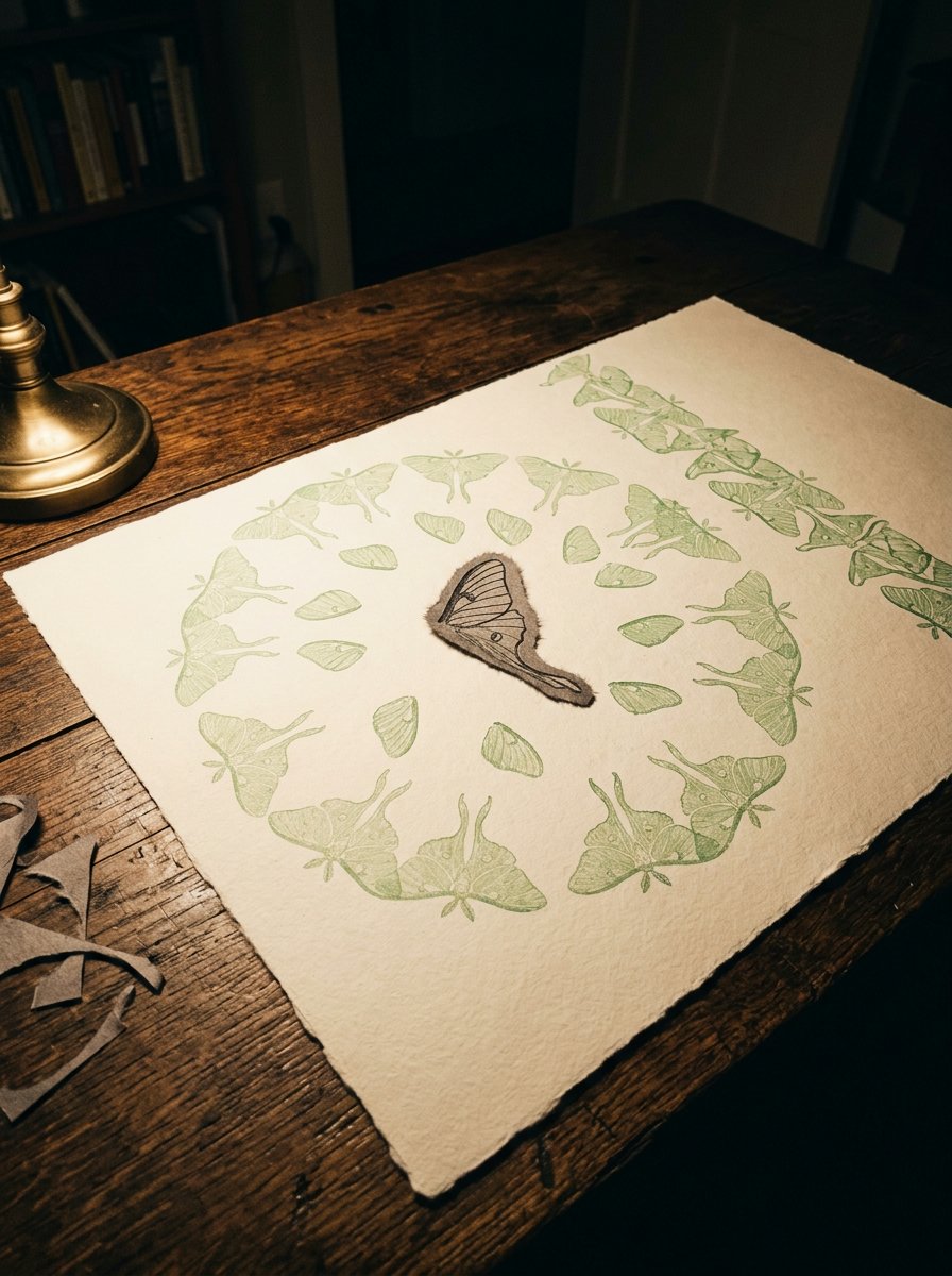 One hand-cut paper wing stencil on a dark table at night, surrounded by dozens of stamped repeats turning into a border
