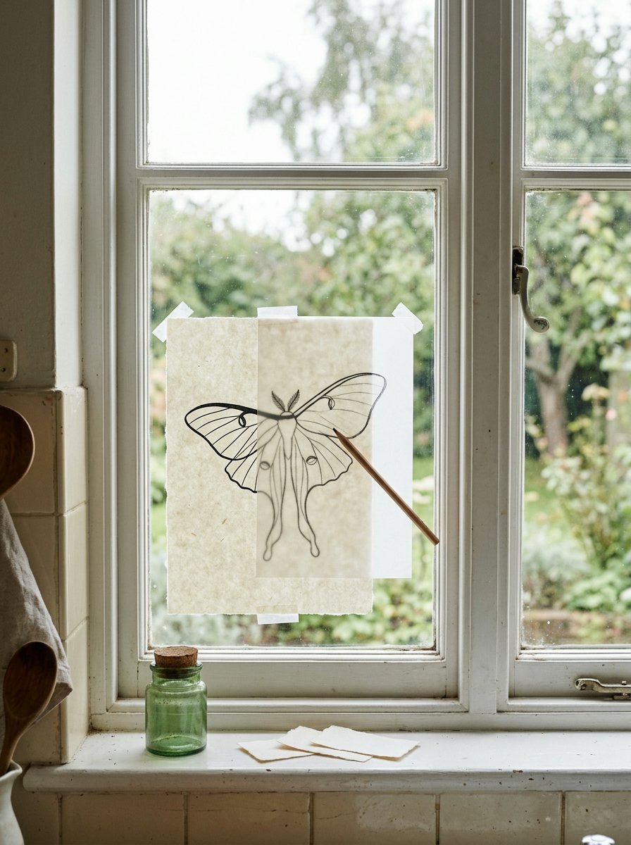 Luna moth drawing traced at a window, a printed wing outline taped to the glass with tracing paper over it and a pencil mid-line