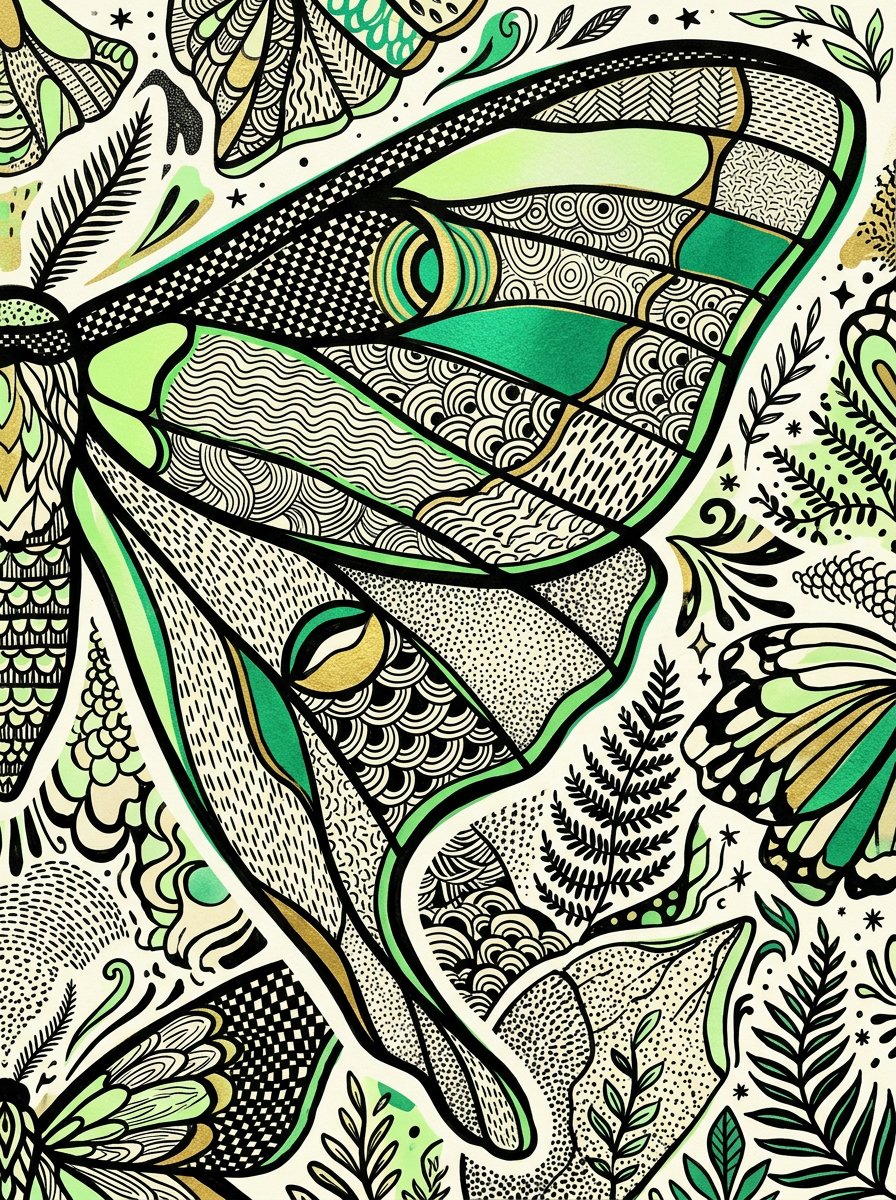 One large moth wing divided along its veins into segments, each filled with a different black ink pattern