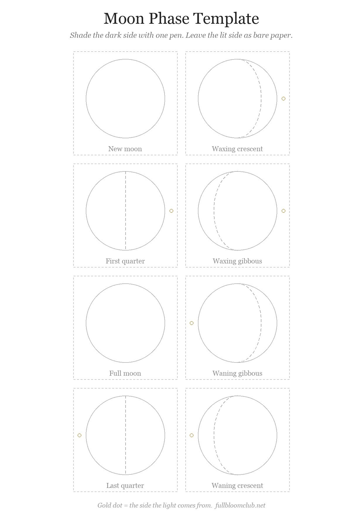 Free moon phase template with 8 circles and light shadow line guides, ready to print
