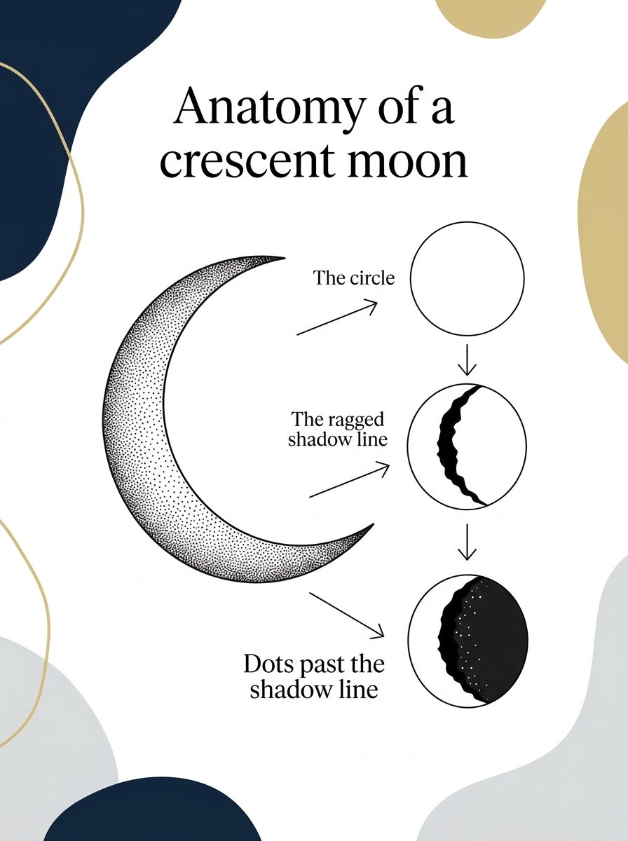 Moon phases drawing anatomy of a crescent moon: the circle, the ragged shadow line and dots past the shadow line