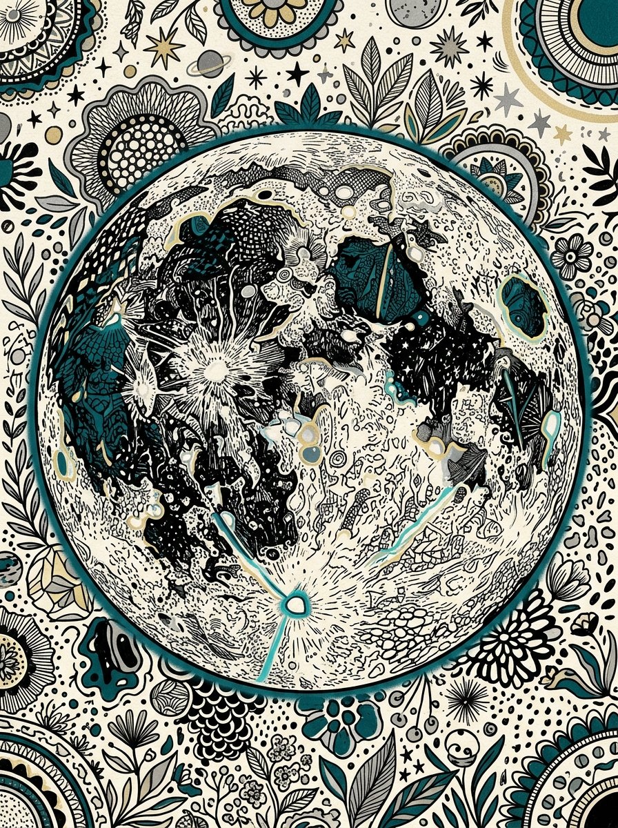 Full moon with its seas filled with small ink patterns in teal, silver and gold