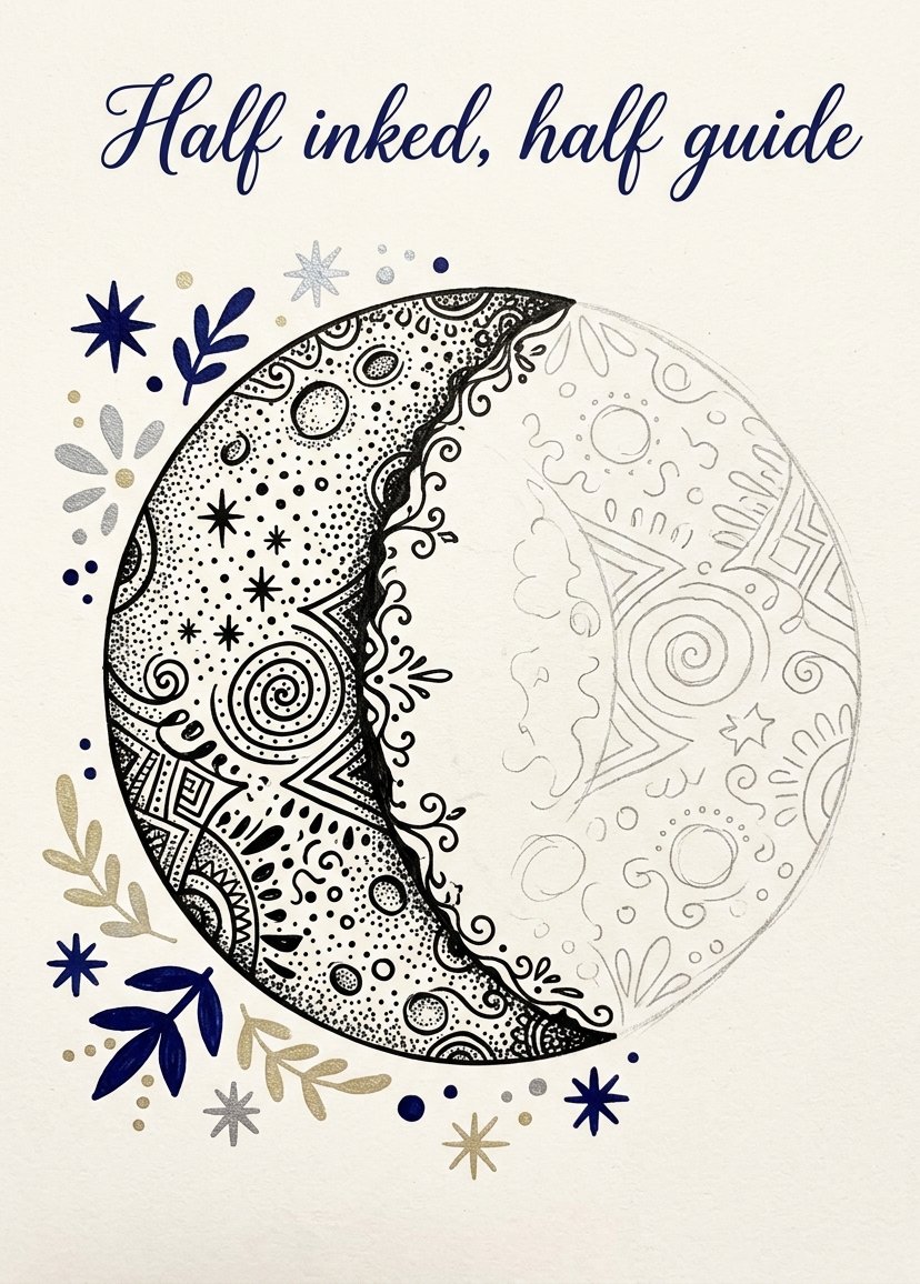 Waxing gibbous moon drawing half inked in black stipple and half left as a light grey guide