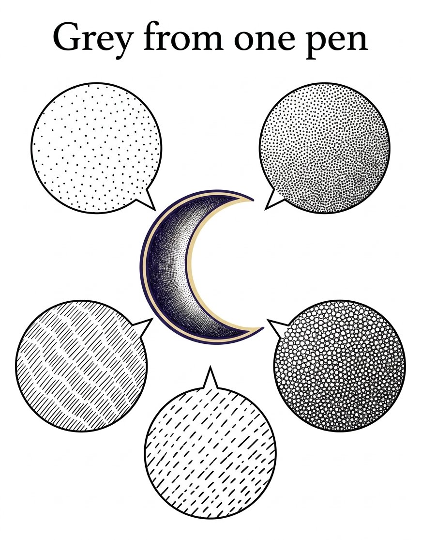 Moon phases drawing, one pen making grey 5 ways around a half moon: spaced dots, dense dots, hatching, tiny circles and broken dashes