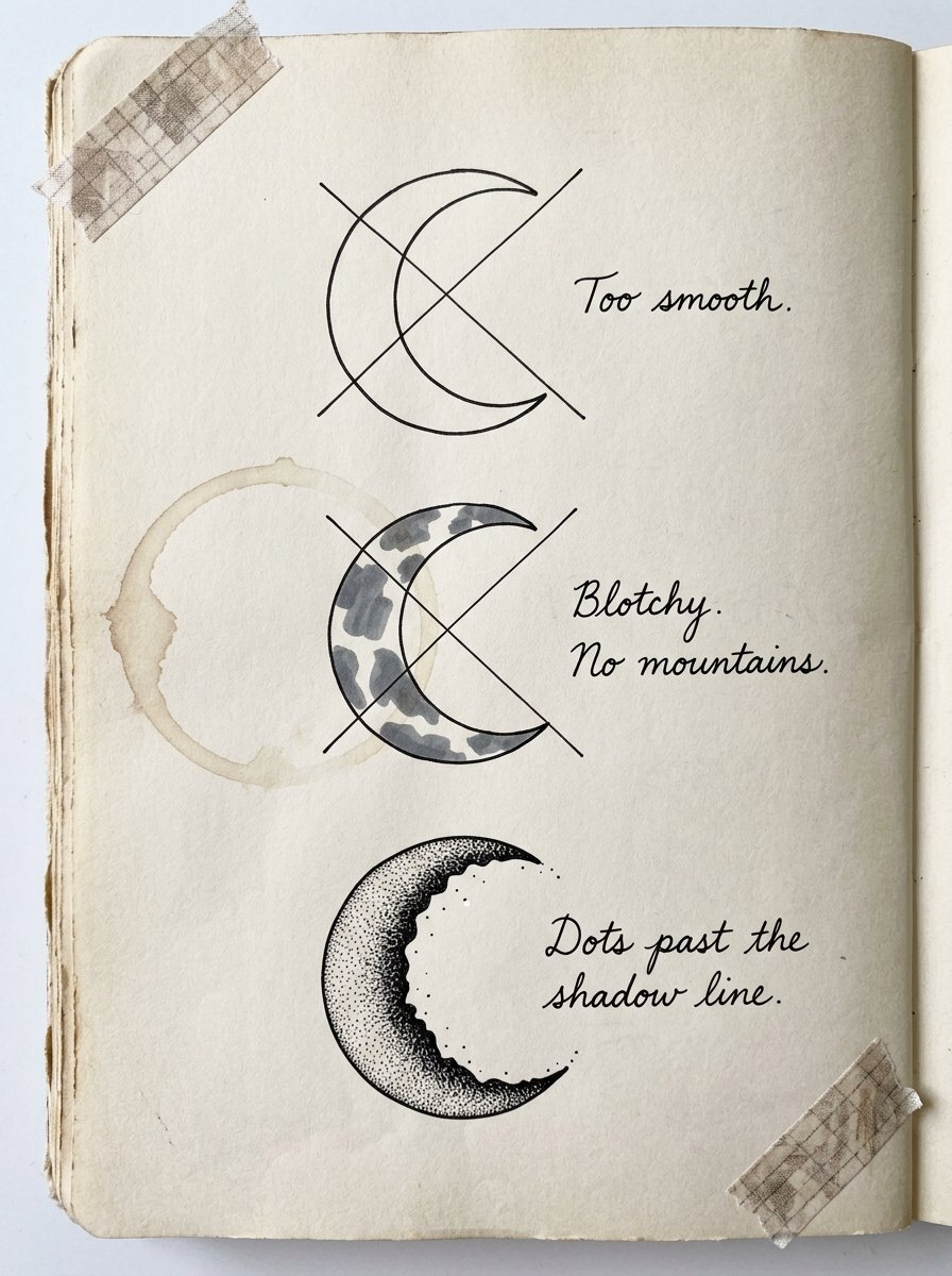 Moon phases drawing attempts in an artist journal: a smooth crescent, a blotchy one, and a stippled crescent with dots past the shadow line