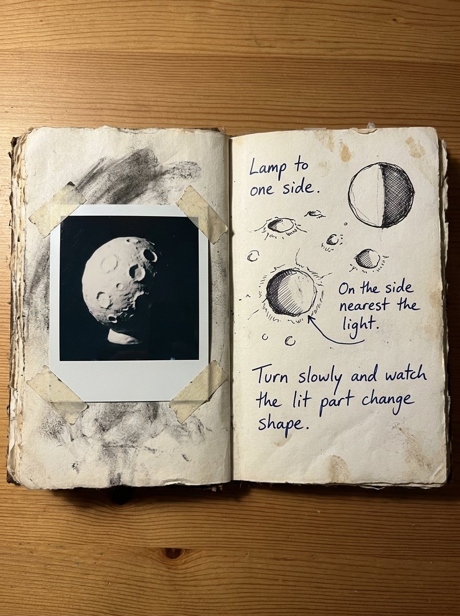 Notebook spread with a photograph of a plaster moon lit from one side and ink sketches of crater shadows