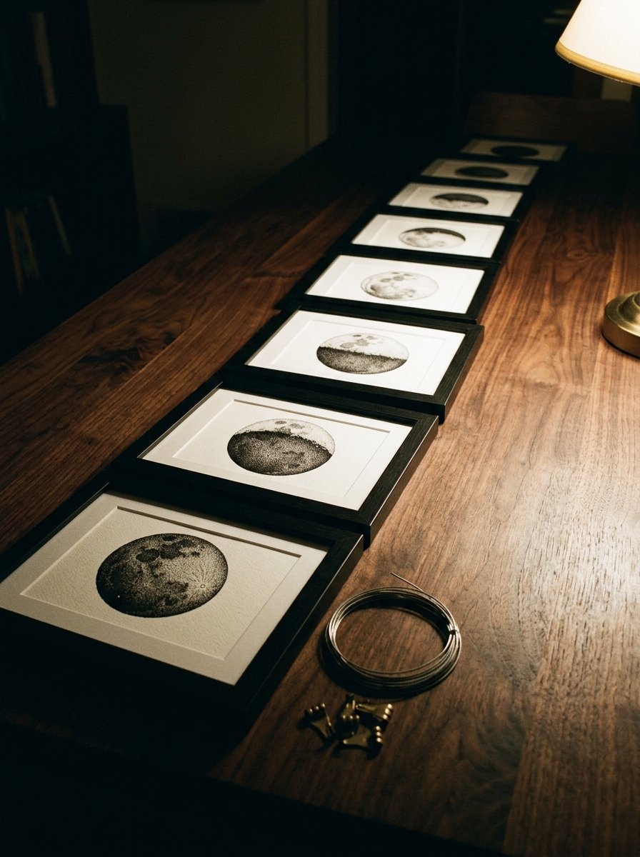 Moon phases drawing wall set: small framed ink moons in a row on a walnut table under low lamplight