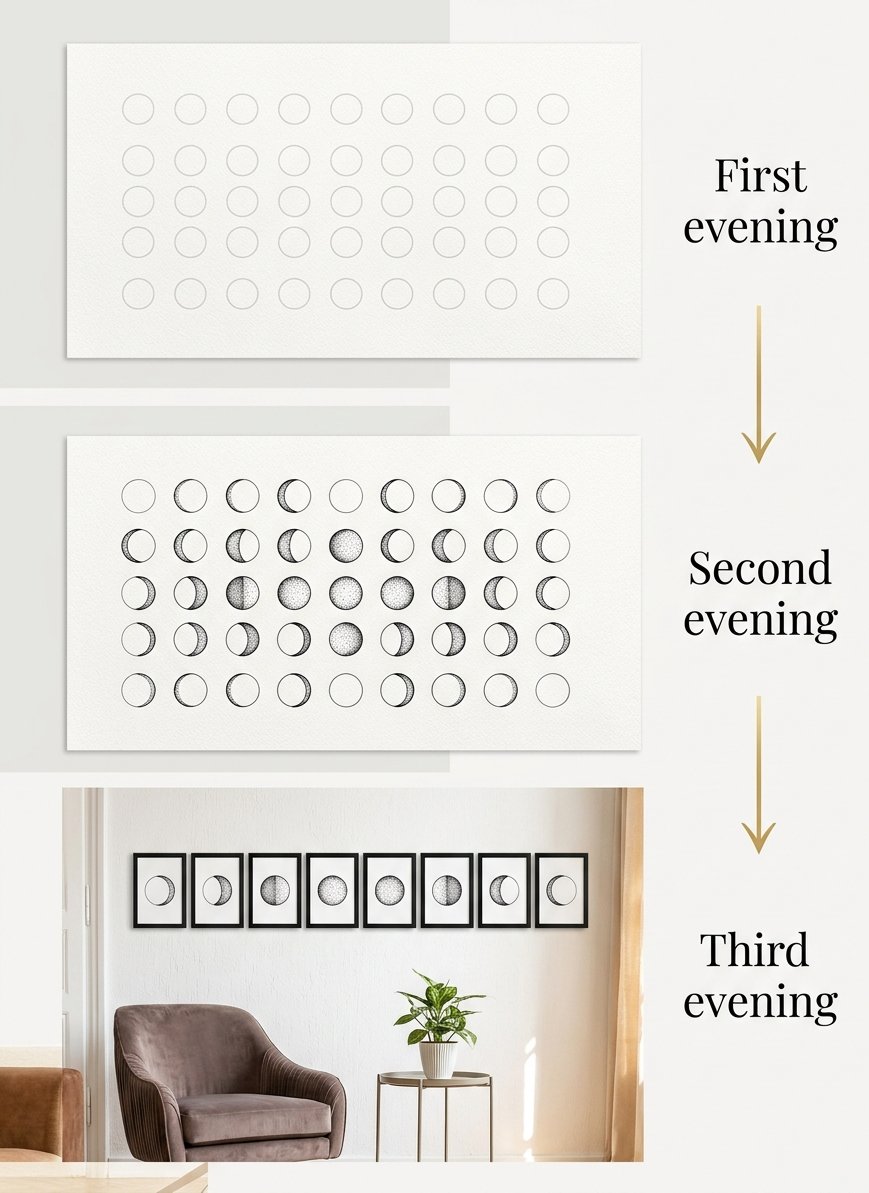 Moon phases drawing wall set built over 3 evenings, from guide circles to a framed row on a living room wall