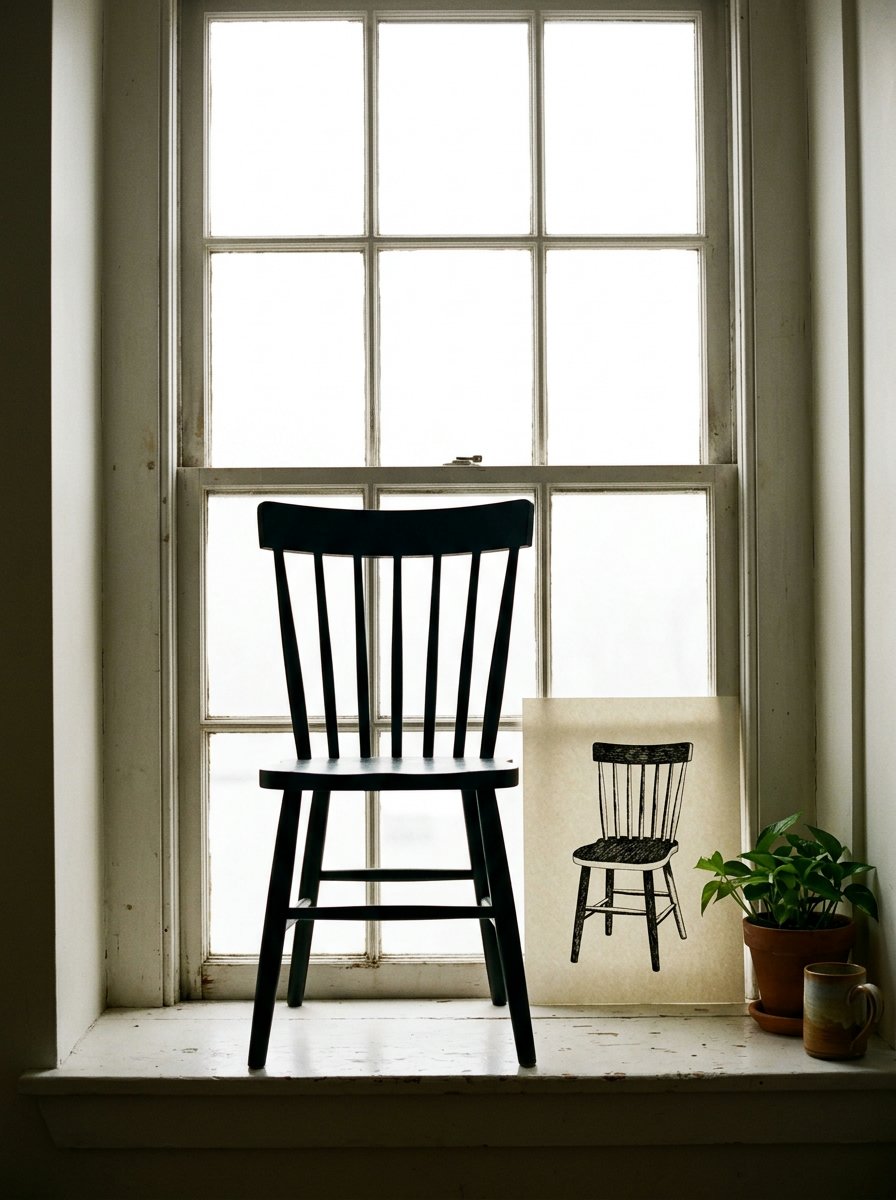 Negative space drawing cover: a kitchen chair silhouetted against a bright window beside a sheet where only the gaps between its rails are inked solid black