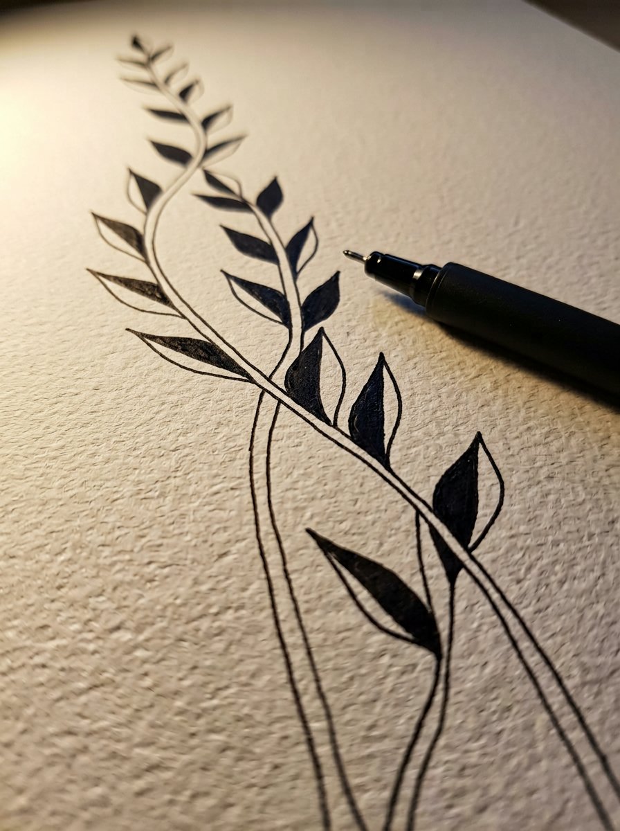 Negative space drawing close-up: the narrow pointed gaps where two plant stems cross, each one filled in solid black ink