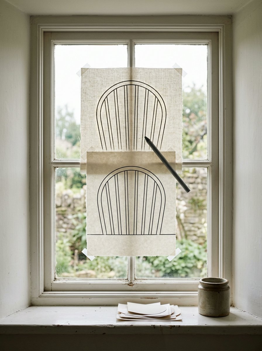 Negative space drawing traced at a bright kitchen window, a chair back outline glowing through linen with its edge gaps running off the sheet