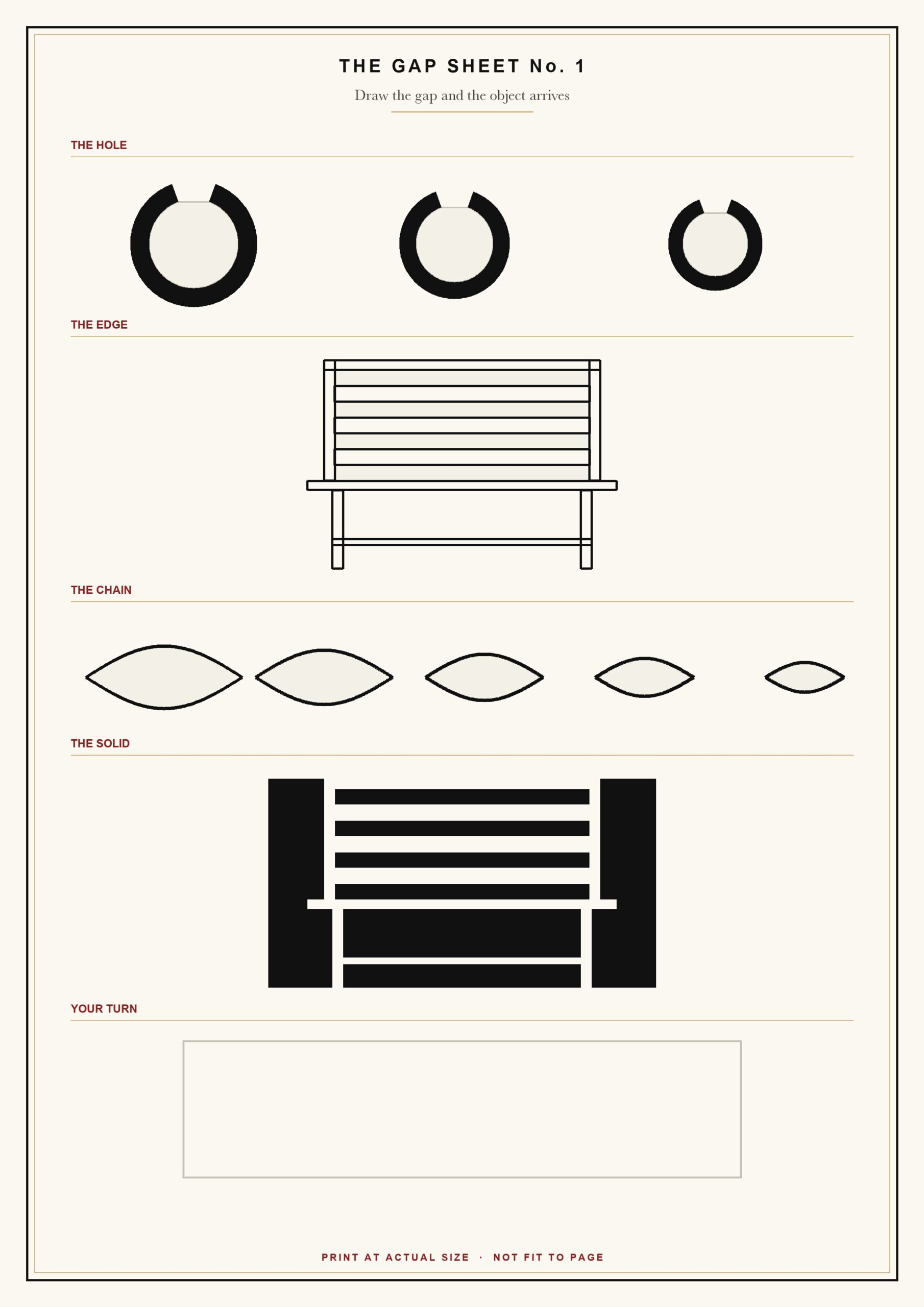 Negative space drawing free gap sheet with three handle rings, a chair in outline, a row of gaps between crossing stems and one empty frame to fill