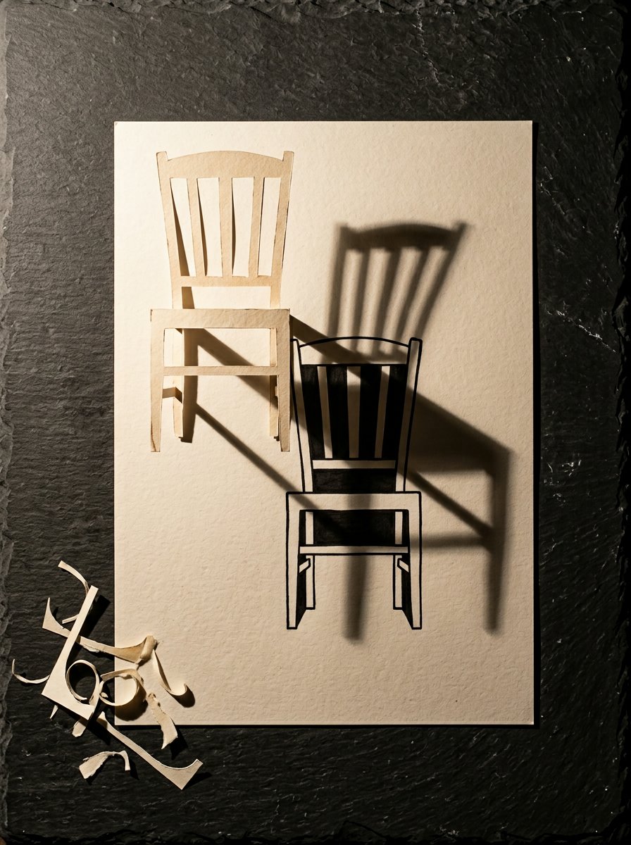 Negative space drawing at night, a hand-cut paper chair back standing on a sheet where only its gaps are inked solid under one lamp