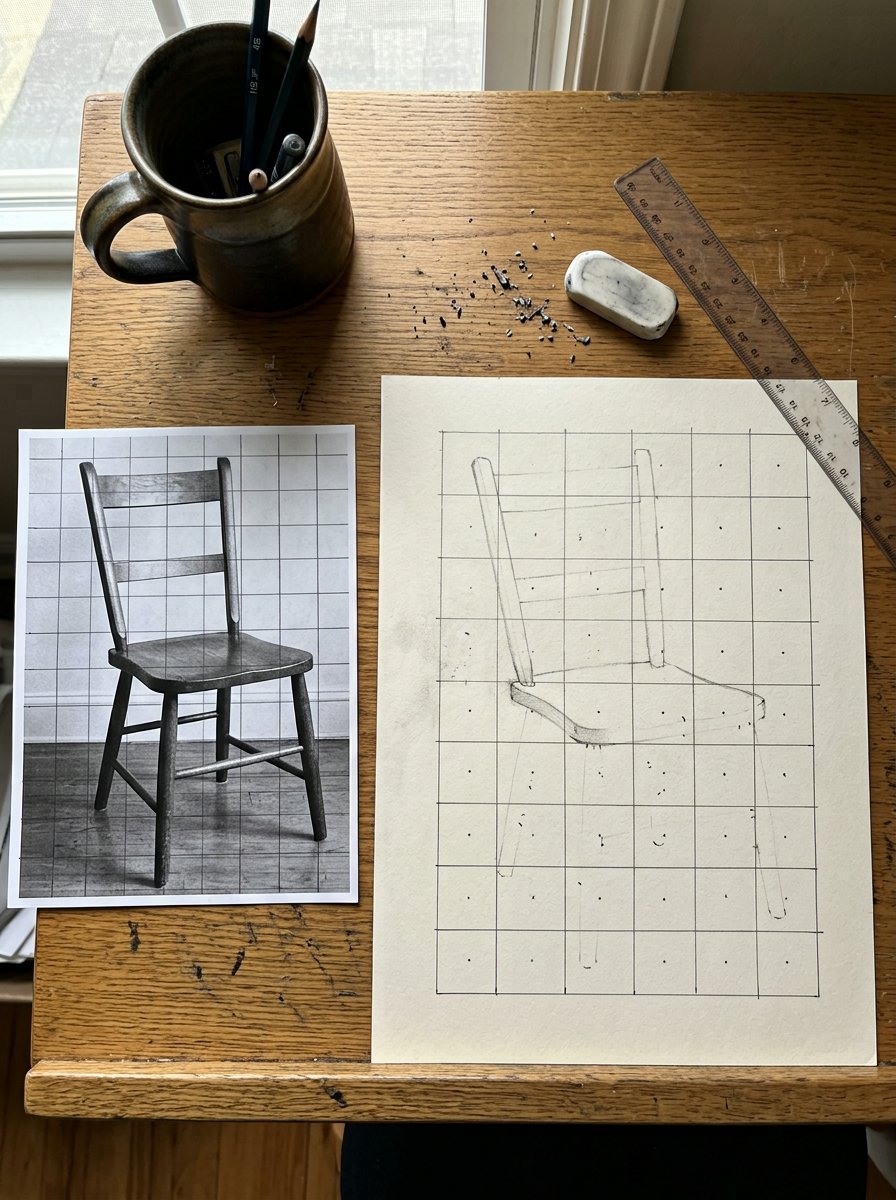 Negative space drawing worked square by square on a gridded sheet, the finished squares showing only inked gaps and the lower squares still empty