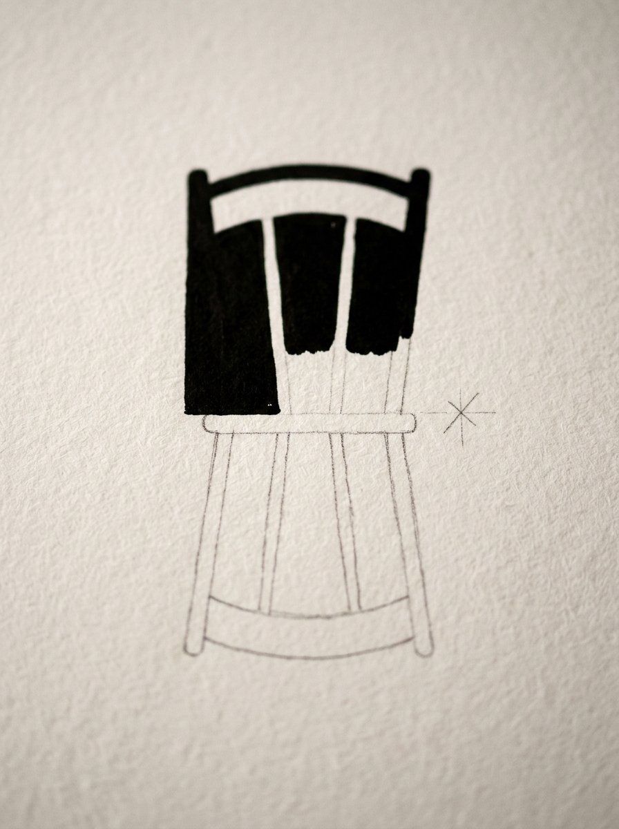 Negative space drawing caught halfway, the top of a chair back existing only as solid inked gaps while the lower half slips back into an ordinary outline