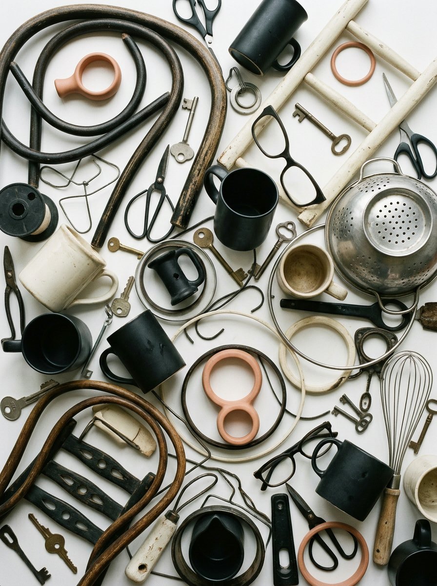 Around 40 household objects that each have an opening through them, spilled edge to edge and photographed from directly above
