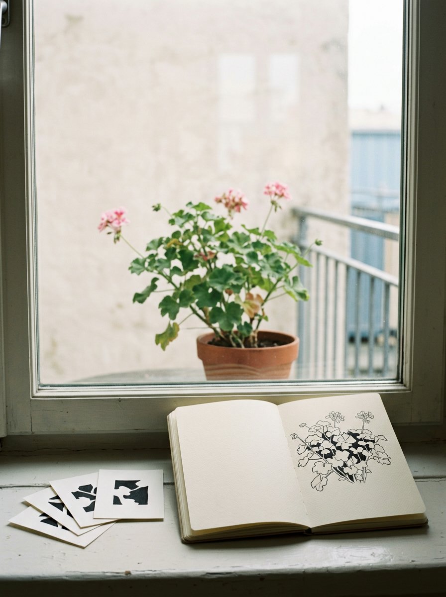 An open sketchbook on a sunlit sill where a potted plant is drawn only as the wall shapes seen between its leaves