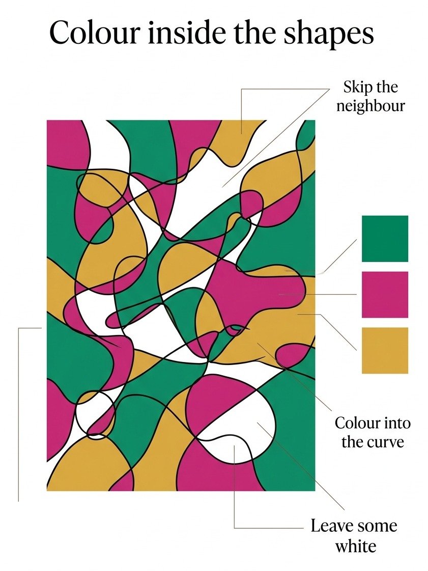 Neurographic art for beginners coloured in emerald, fuchsia and gold, with neighbouring shapes in different colours