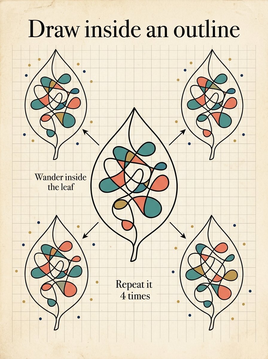 A neurographic line drawn inside a leaf outline and repeated 4 times across a faint grid