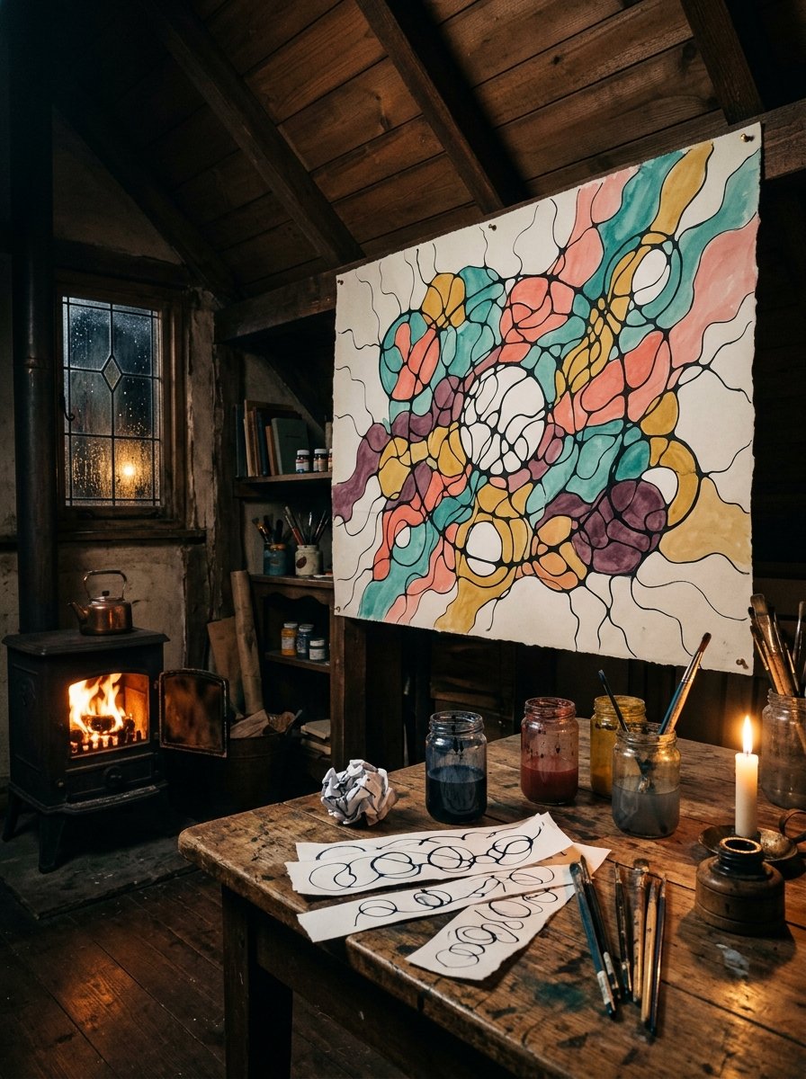 A finished neurographic drawing pinned to an attic studio wall at night beside a wood stove