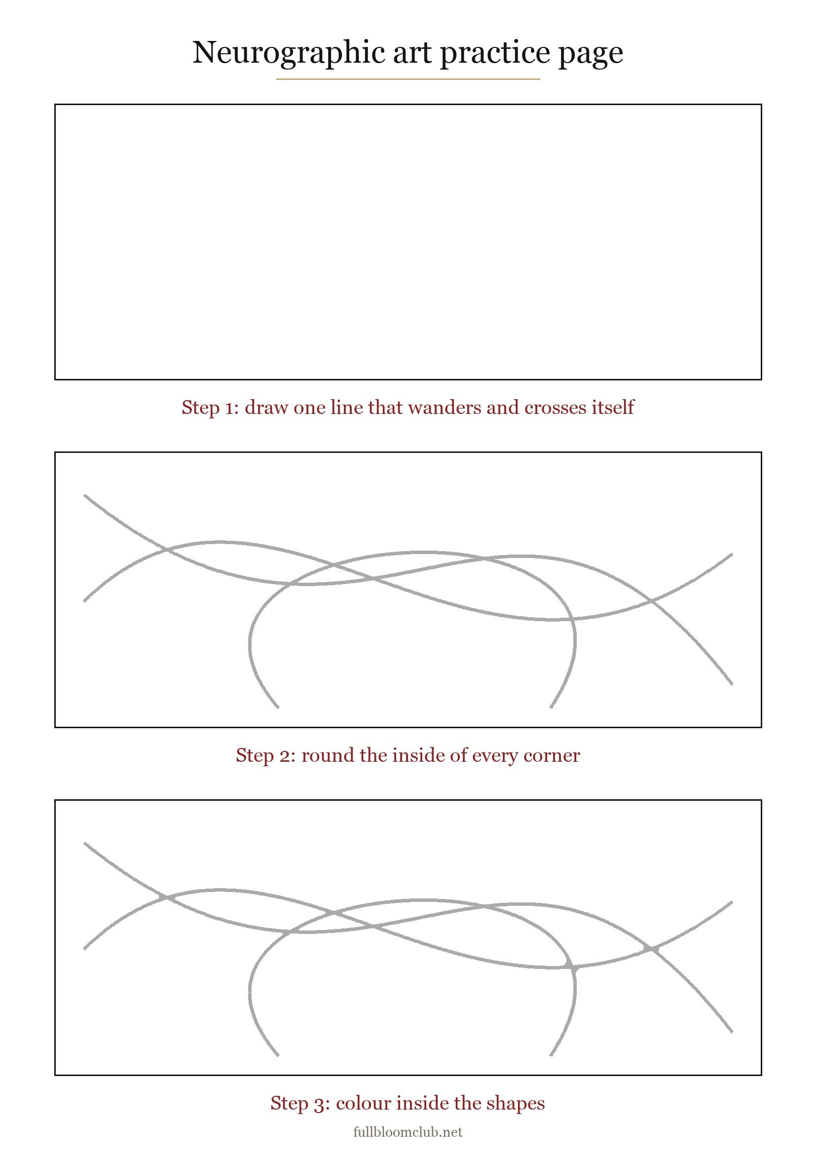 Free neurographic art for beginners practice page with 3 boxes: an empty box, a grey line with sharp crossings, and the same line already rounded