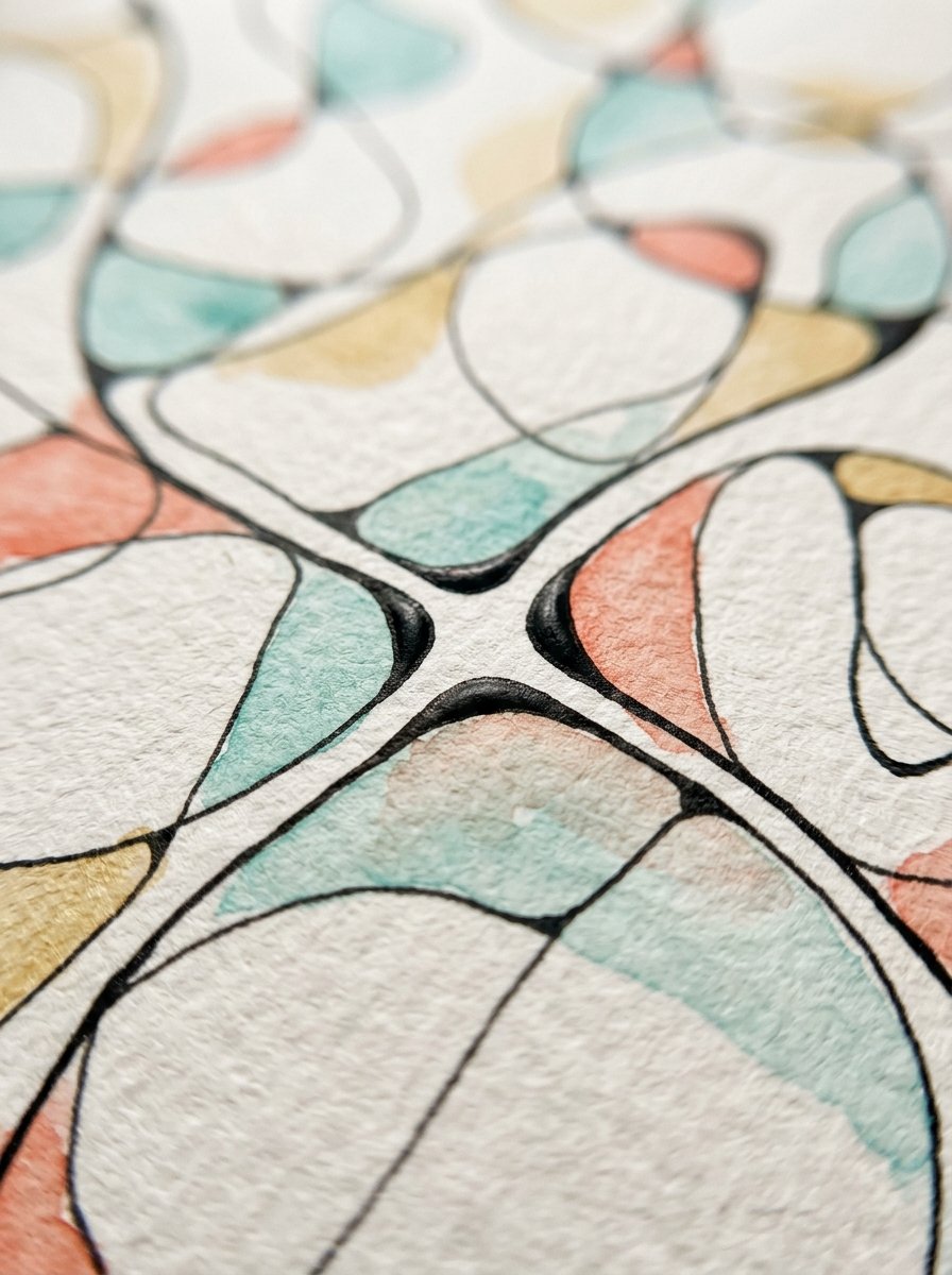 Close-up of rounded ink crossings joining shapes filled with teal, coral and gold