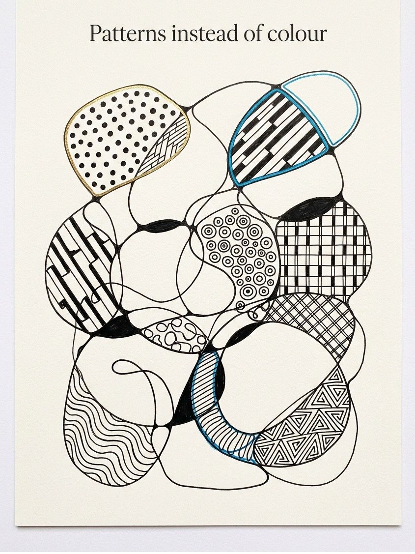 Neurographic art for beginners: rounded neurographic shapes filled with bold dots, stripes, circles and checks instead of colour