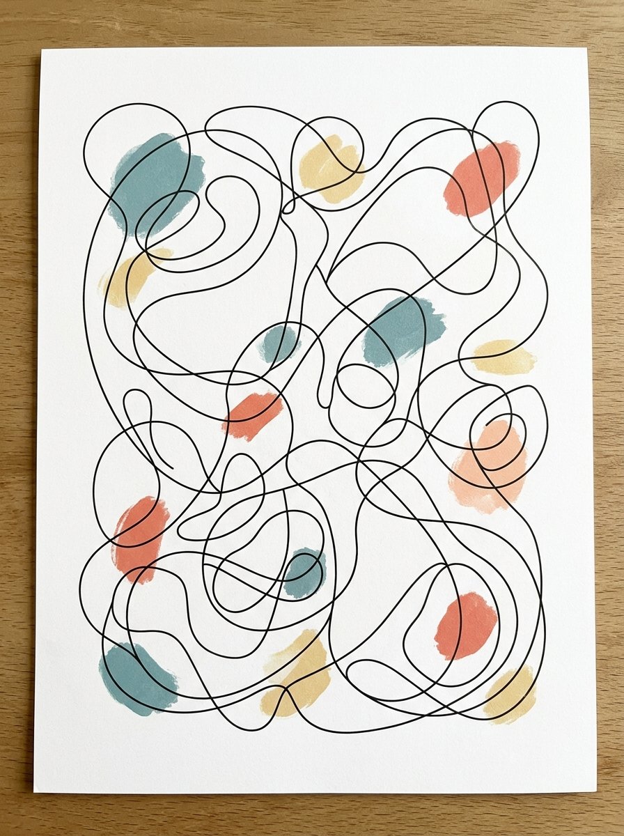 A wandering black line crossing itself with sharp corners, step 1 of neurographic art for beginners