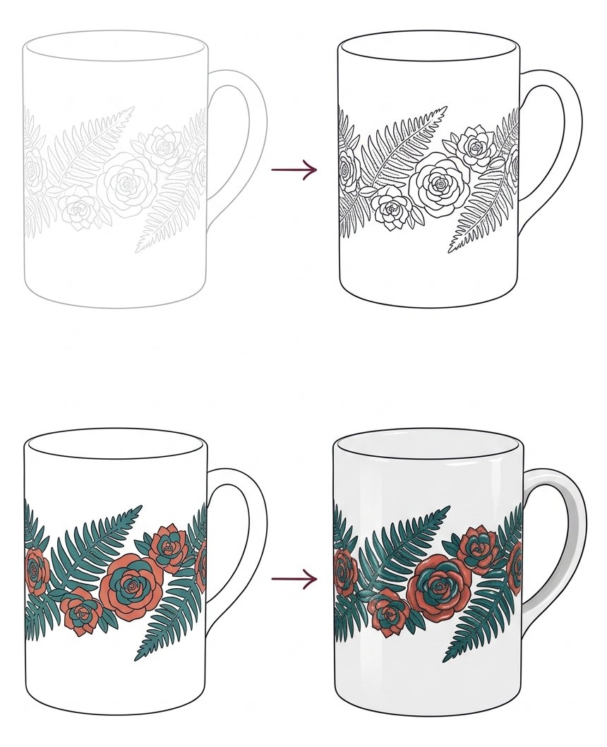 Paint your own pottery ideas broken into stages: outline, first coat, second coat and the fired result