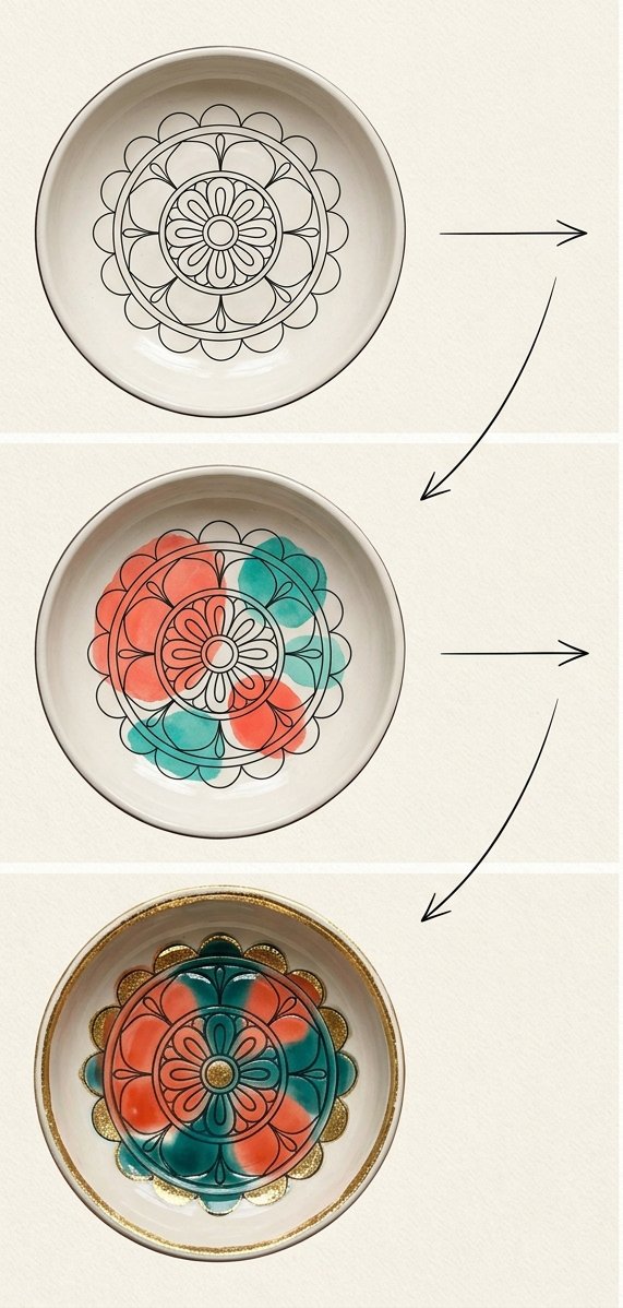 Paint your own pottery ideas in three layers: the drawn line, flat colour dropped inside it, then the fired result