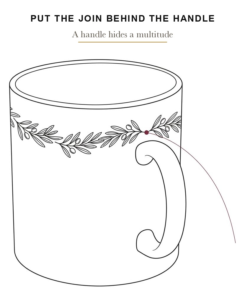 Where a paint your own pottery ideas band joins itself on a mug, marked at the handle