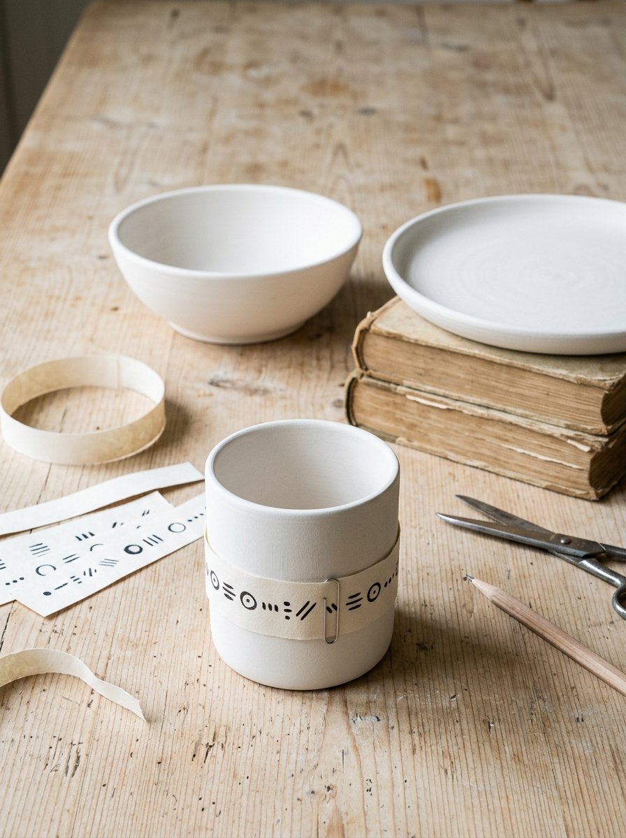 Paint your own pottery ideas planned at home: bisque mug, bowl and plate with a paper design strip wrapped round the mug