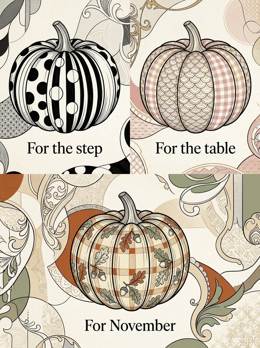 Three painted pumpkin designs: for the step, for the table and for November