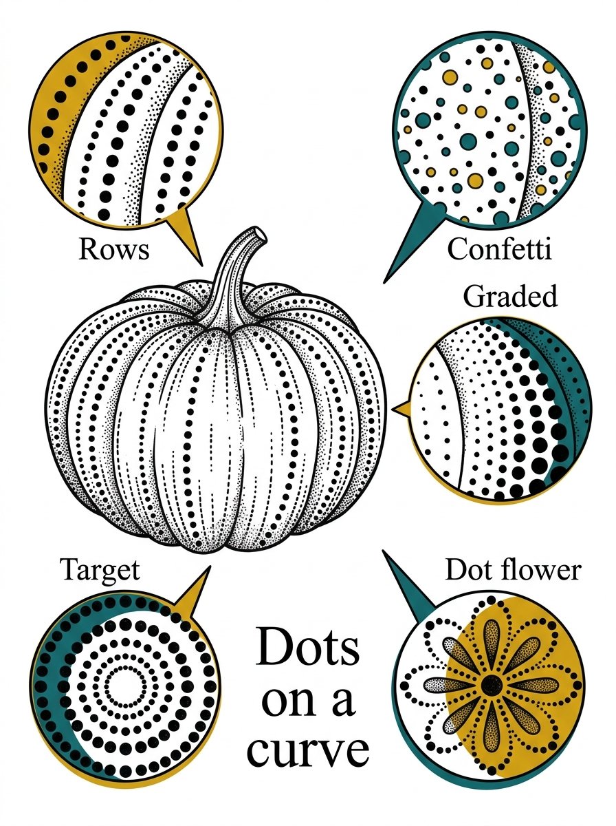 Pumpkin painting ideas for adults, dot patterns for a painted pumpkin: rows, confetti, graded, target and dot flower