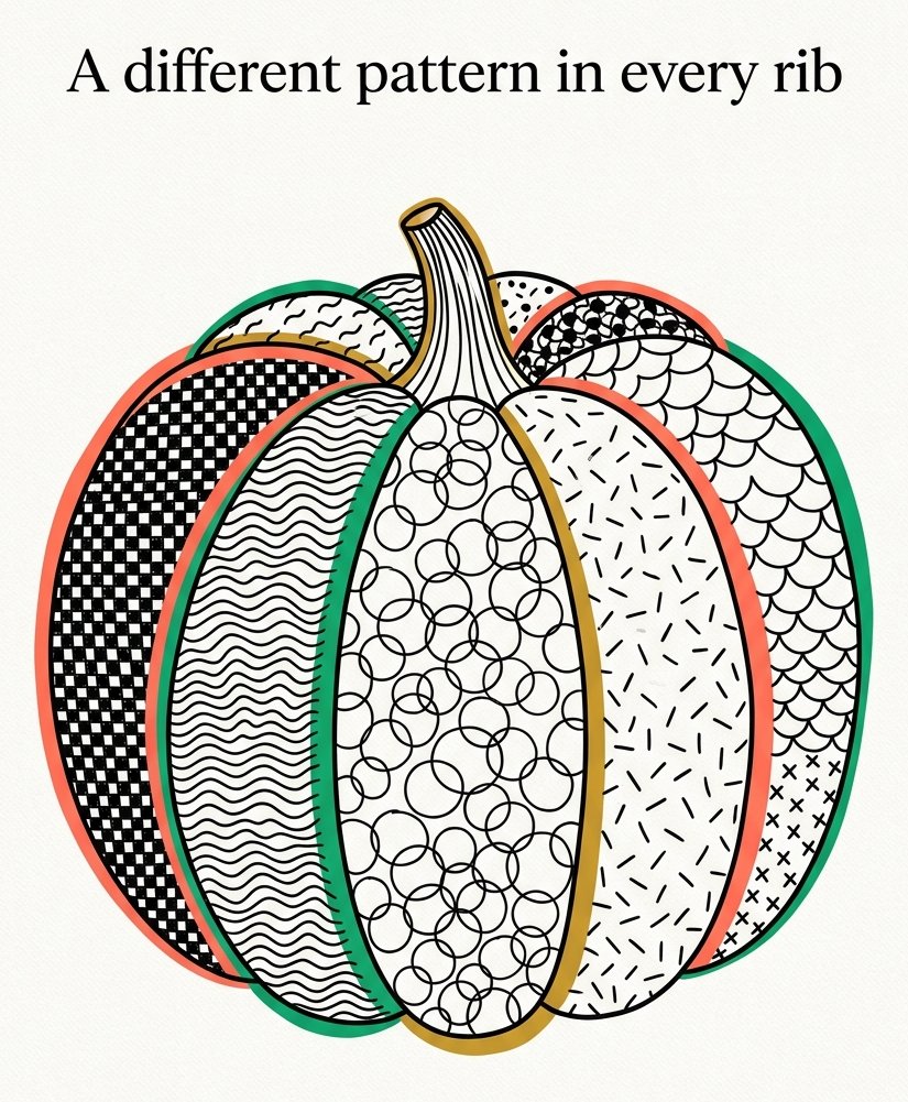 Patchwork pumpkin with a different pattern in every rib